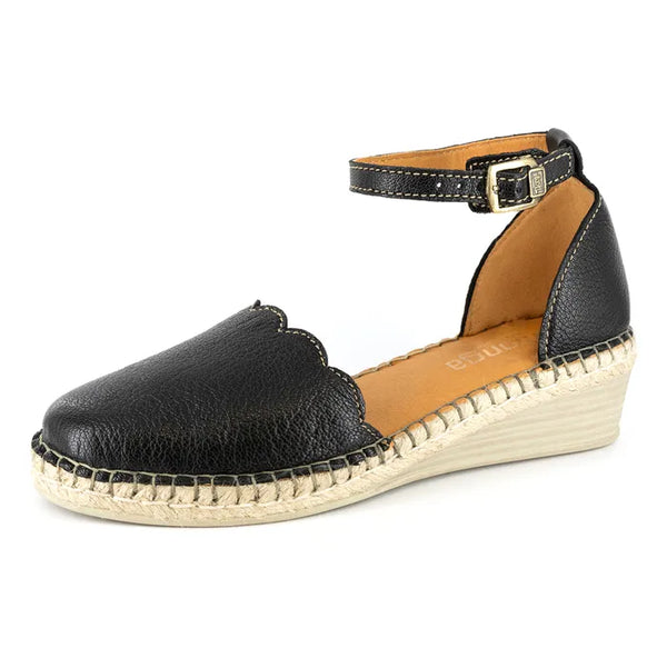Black wedge sandal with a strap on a white background