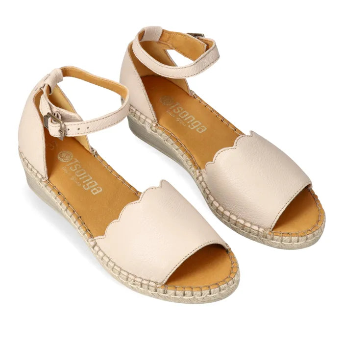 Black espadrille wedge sandal with ankle strap.