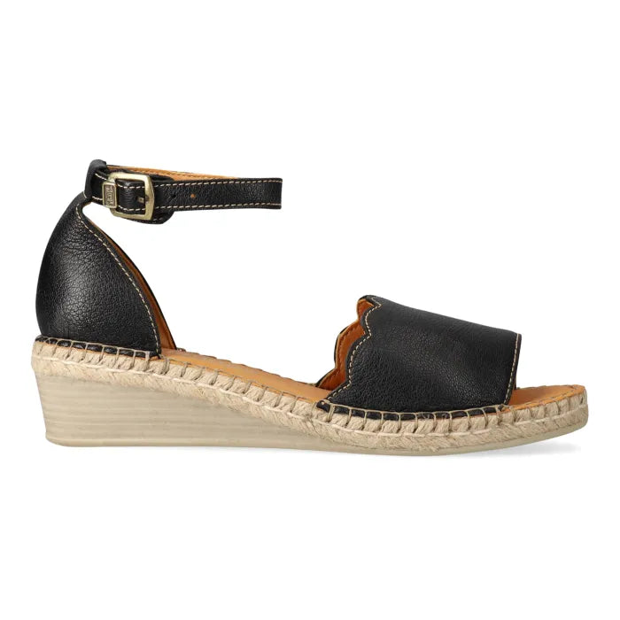 Black espadrille wedge sandal with ankle strap.