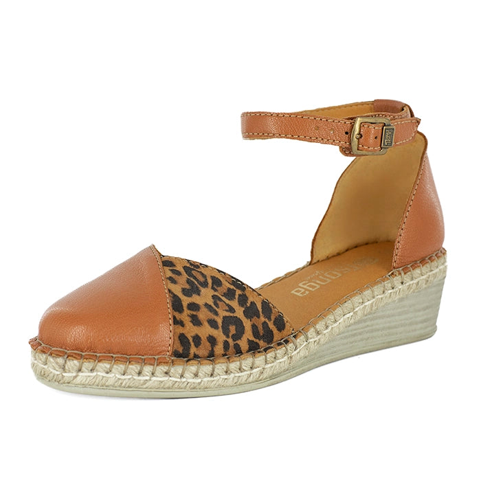 Brown wedge sandal with leopard print and espadrille sole on a white background