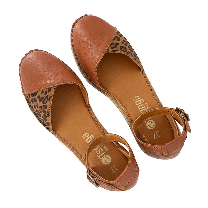 Pair of brown sandals with leopard print accents on a white background