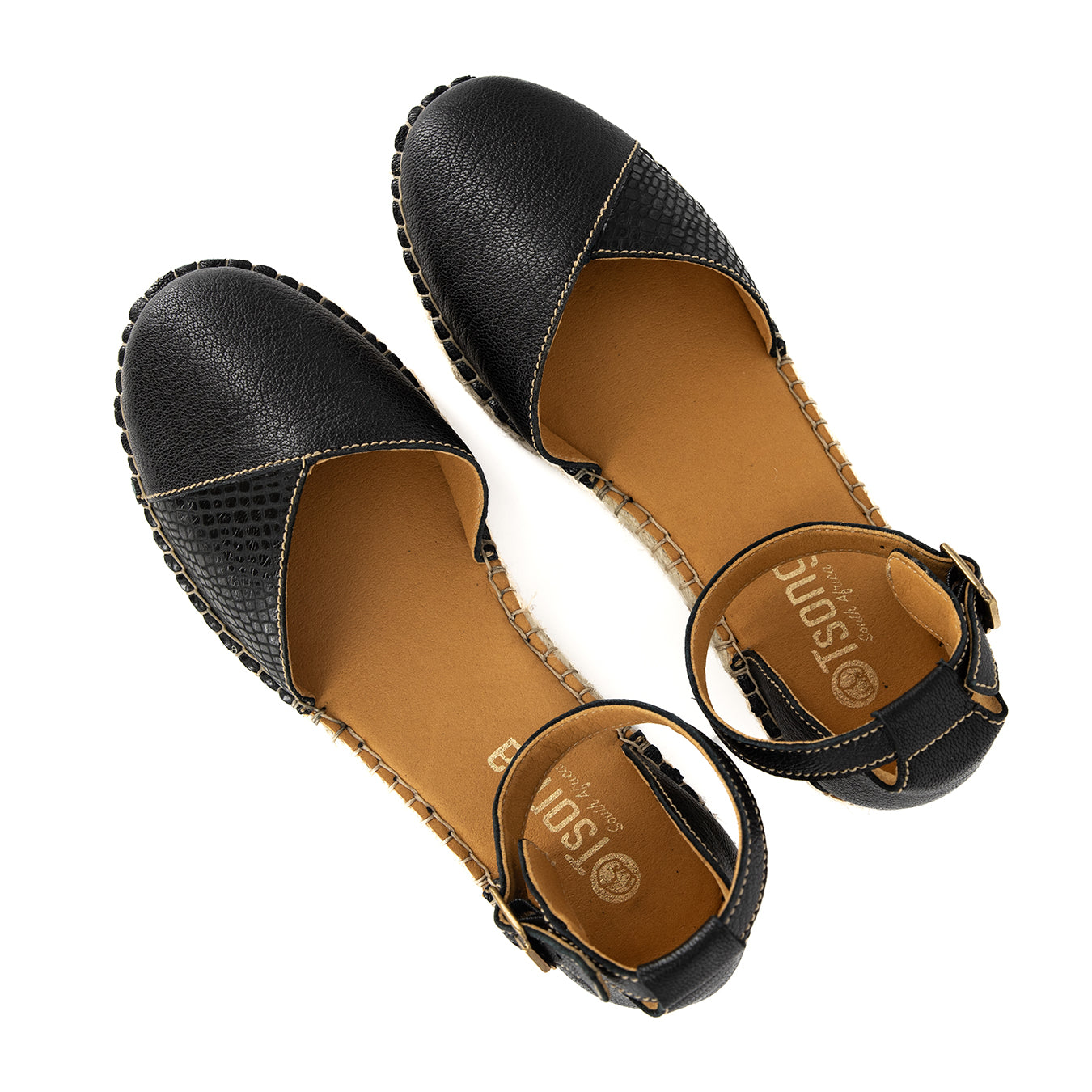 Mirembe : Ladies Leather Wedge Espadrille in Black Cayak & Coco