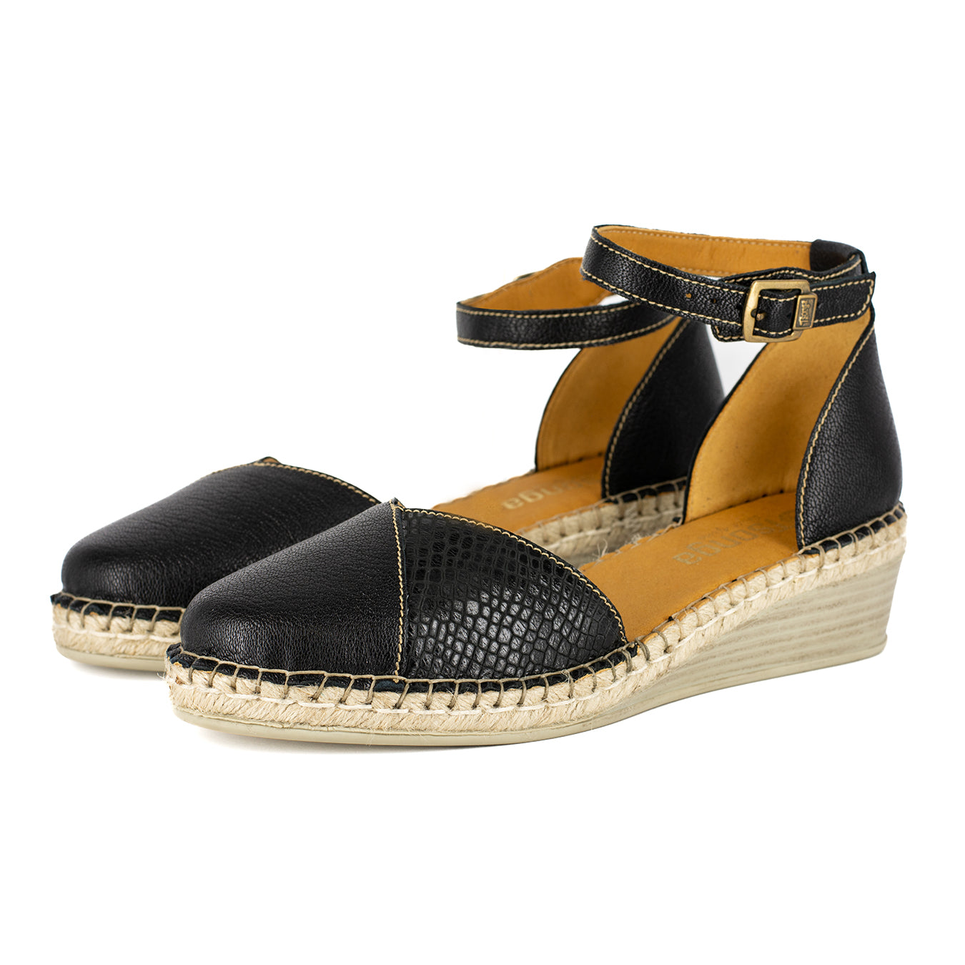 Mirembe : Ladies Leather Wedge Espadrille in Black Cayak & Coco