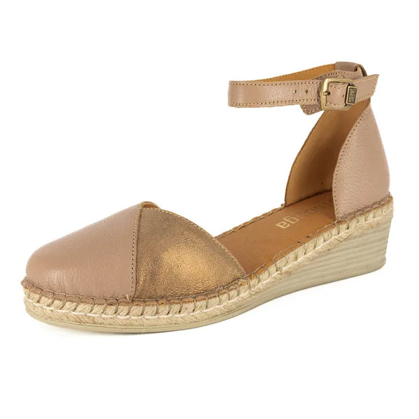 Beige wedge sandal with espadrille sole on a white background