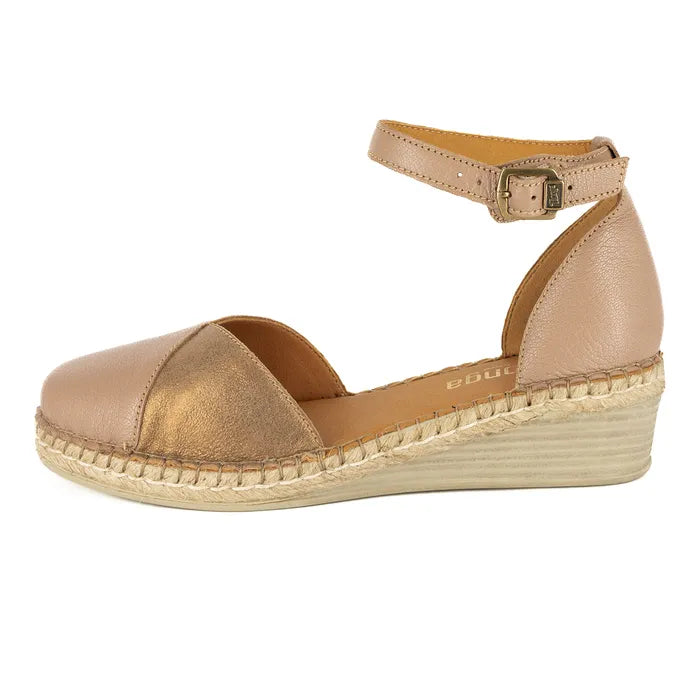 Beige wedge sandal with espadrille sole on a white background