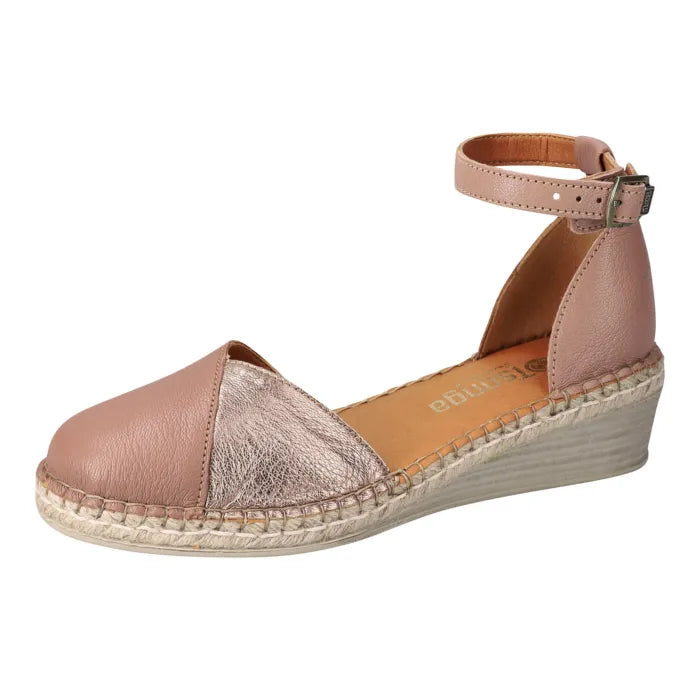 Beige wedge sandal with metallic accents on a white background