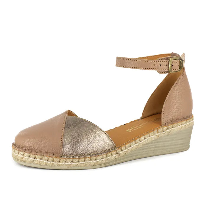 Beige and gold wedge sandal on a white background