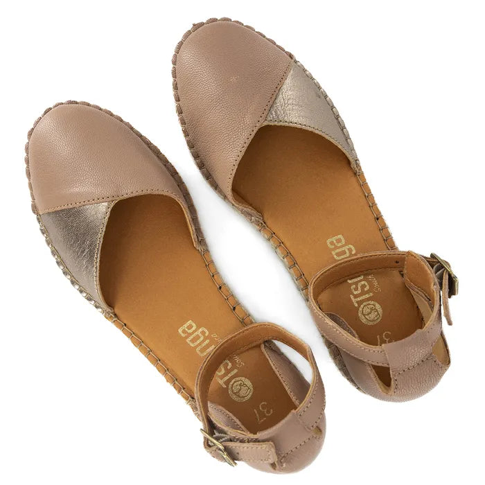 Pair of beige sandals with metallic accents on a white background