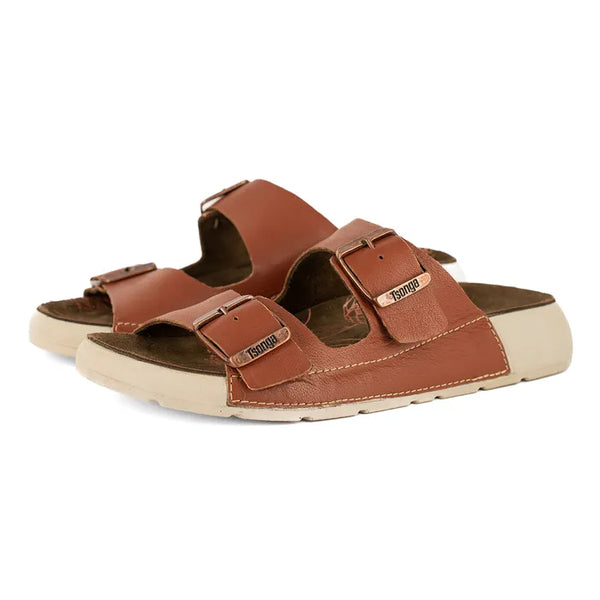 Brown sandals with a visible brand logo on a white background