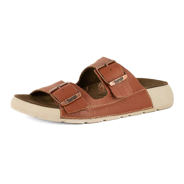 Brown sandal with a visible brand logo on a white background