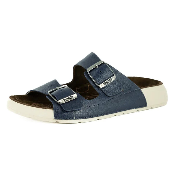 Blue sandal with buckle straps on a white background