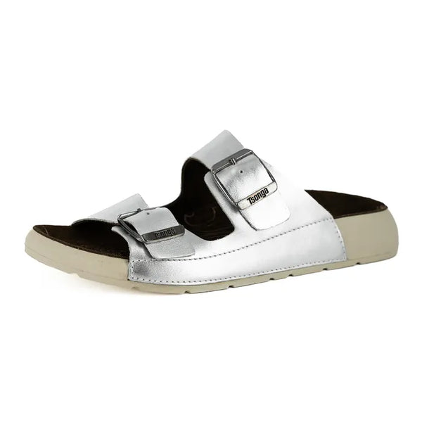 Silver sandal with a buckle on a white background