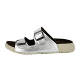 Silver sandal with black interior on a white background