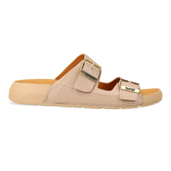 A single beige double-strap slide sandal with gold-tone metal buckles and a tan footbed, shown in profile against a white background. The brand name 'Tsonga' is visible on the buckles.