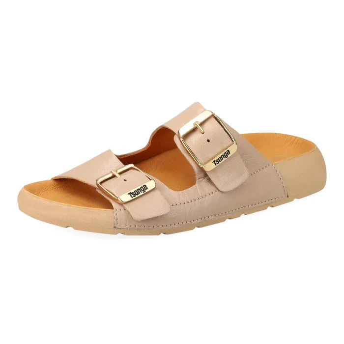 A single beige double-strap slide sandal with gold-tone metal buckles and the 'Tsonga' brand name printed on the buckles, shown on a plain white background.