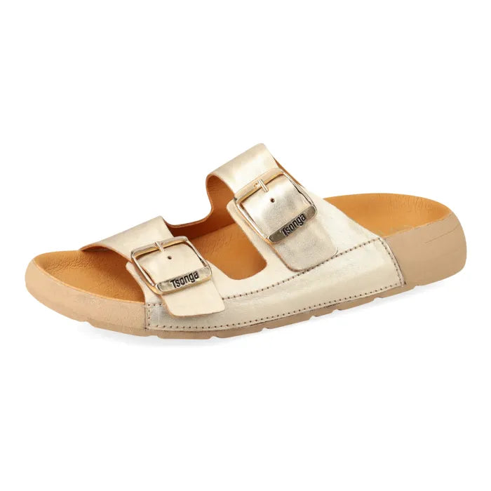 A single metallic gold double-strap slide sandal with adjustable buckle straps, shown from a side profile on a white background.