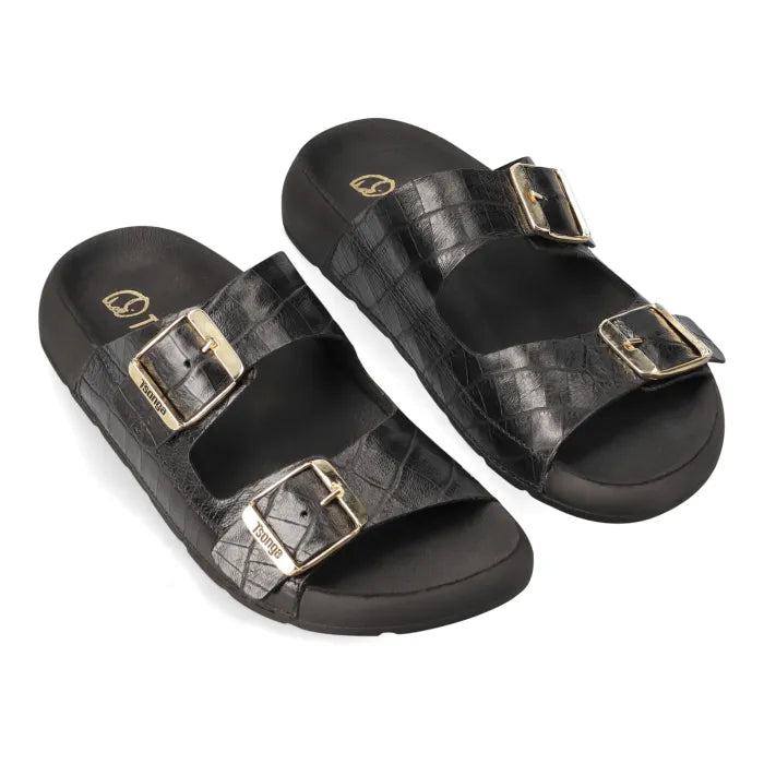 A pair of black double-strap slide sandals with a textured crocodile-embossed pattern and gold-tone buckle details, shown on a plain white background.