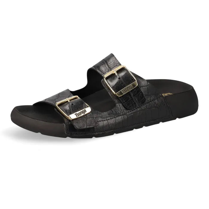 A single black double-strap slide sandal with a textured crocodile-pattern upper and gold-tone buckles, shown from a side profile on a white background.