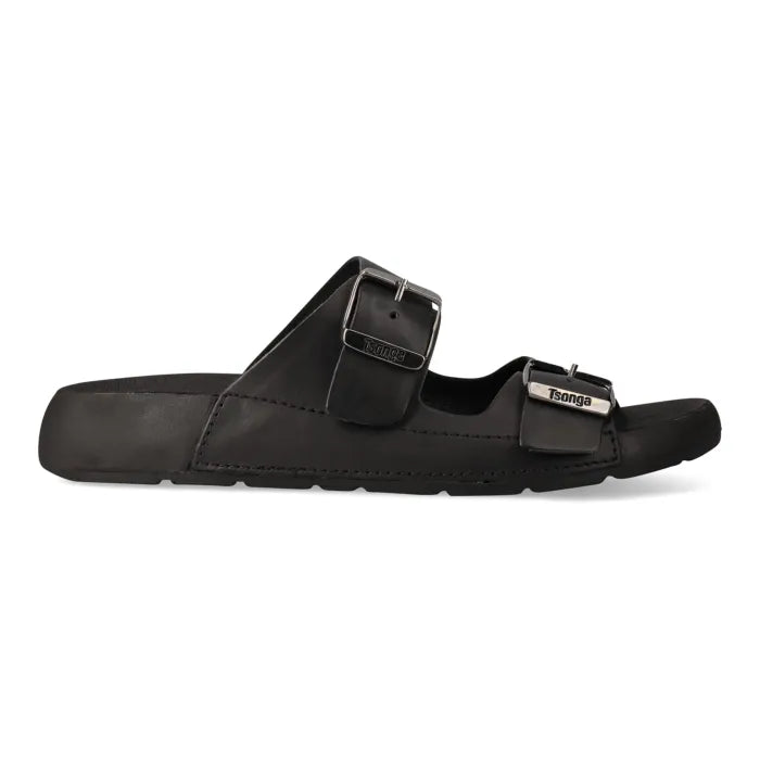 Black sandal with two buckles on a white background