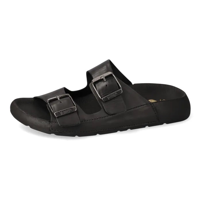 Black sandal with two buckles on a white background