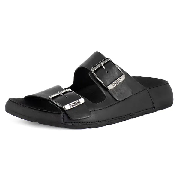Black sandal with silver buckles on a white background