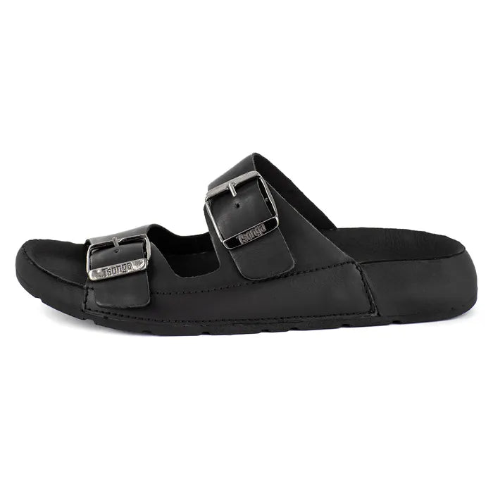 Black sandal with silver buckles on a white background