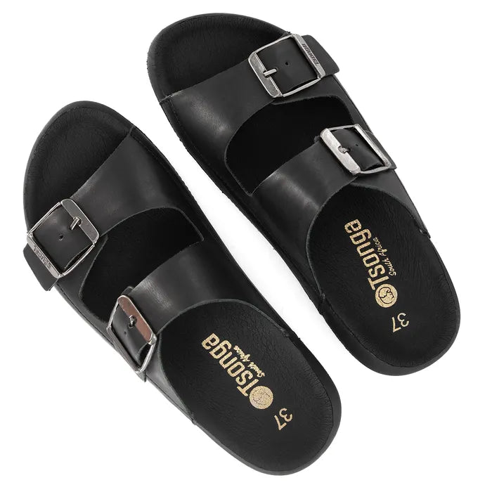 Black sandals with buckles on a white background