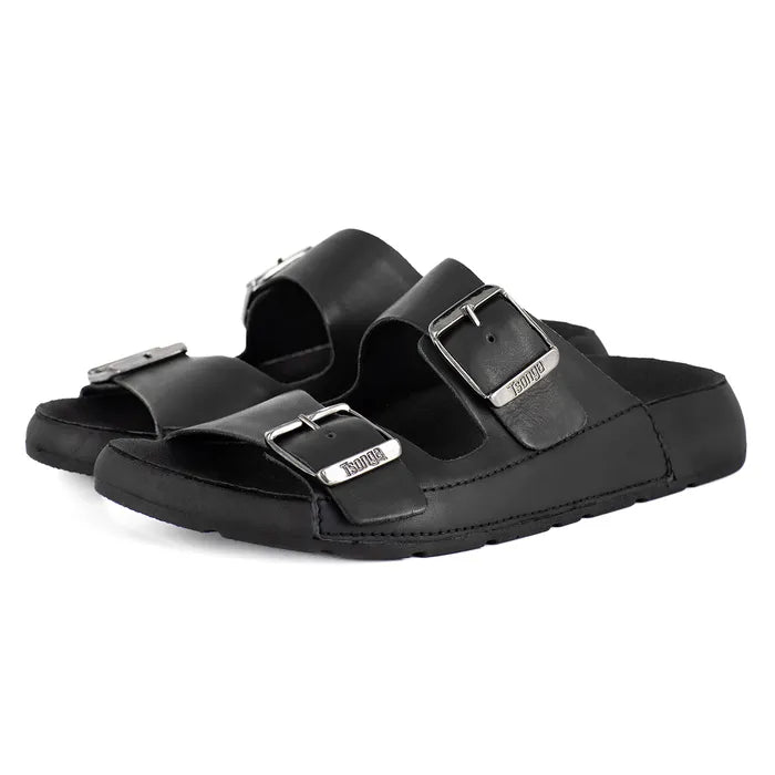Black sandals with silver buckles on a white background