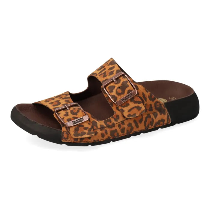 Spotted print sandal with two buckles on a white background