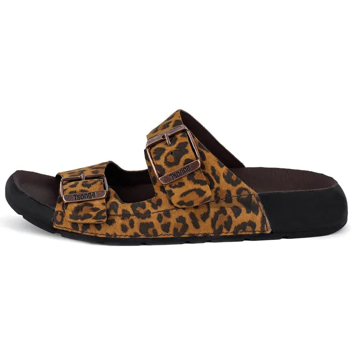 Leopard print sandal with brown buckle on a white background