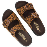 Leopard print sandals with brown straps on a white background