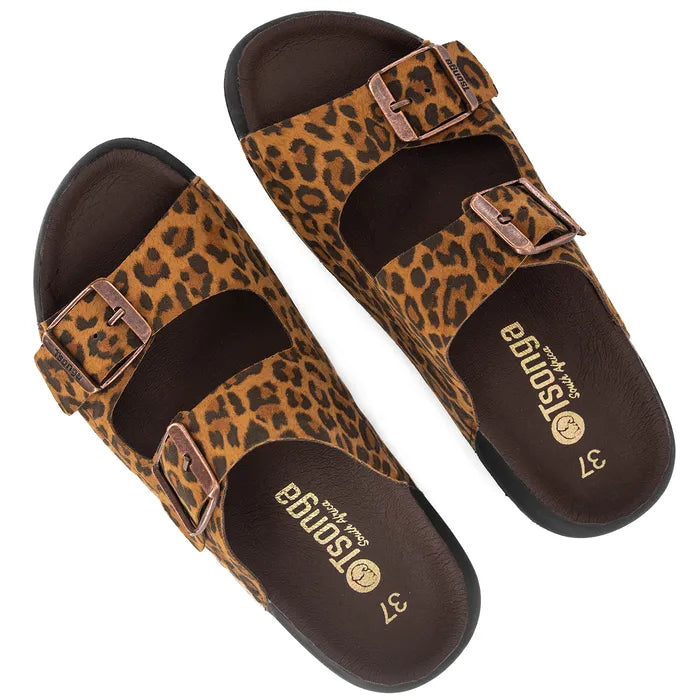 Leopard print sandals with brown straps on a white background