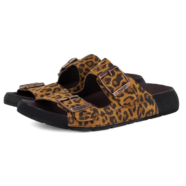 Leopard print sandals with brown buckles on a white background