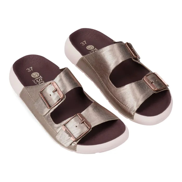 Pair of metallic sandals with buckles on a white background
