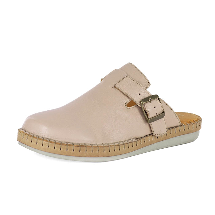 Beige mules with a buckle on a white background