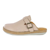 Beige mule with a strap and buckle on a white background