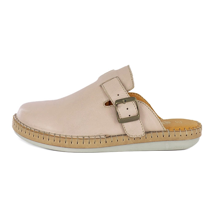 Beige mule with a strap and buckle on a white background