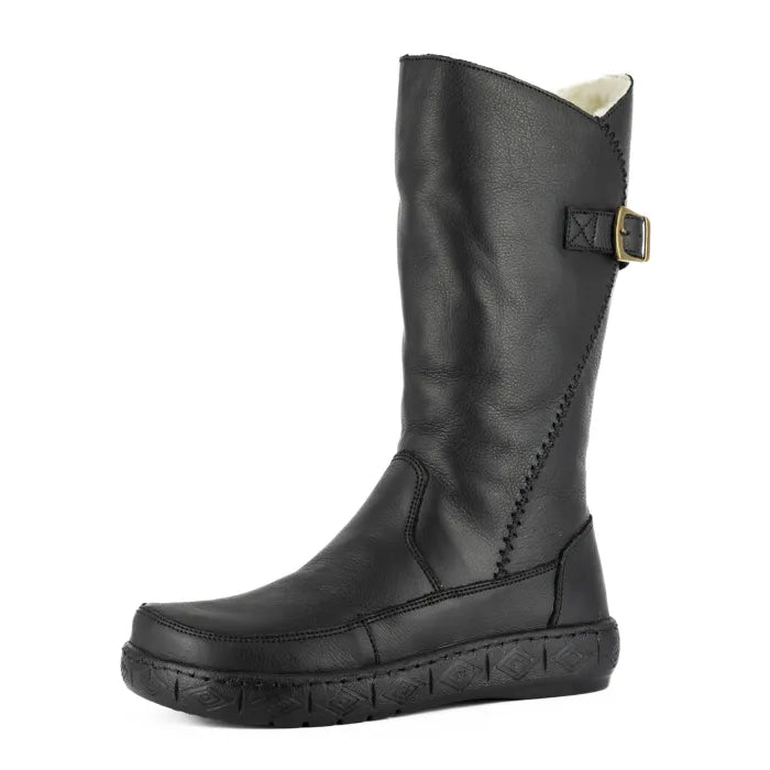 Black leather boot with a buckle on a white background