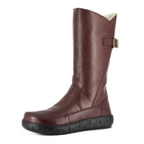 Raisin coloured leather boot with a buckle on a white background