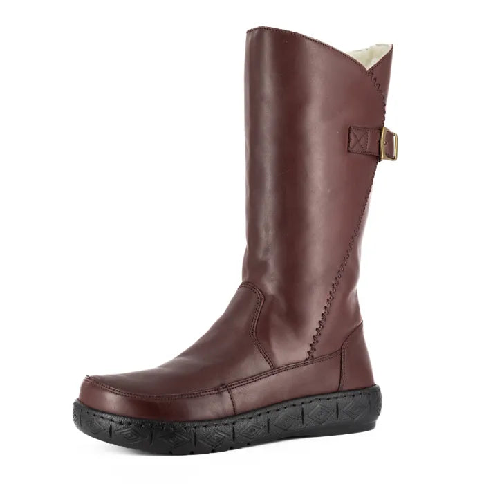 Raisin coloured leather boot with a buckle on a white background