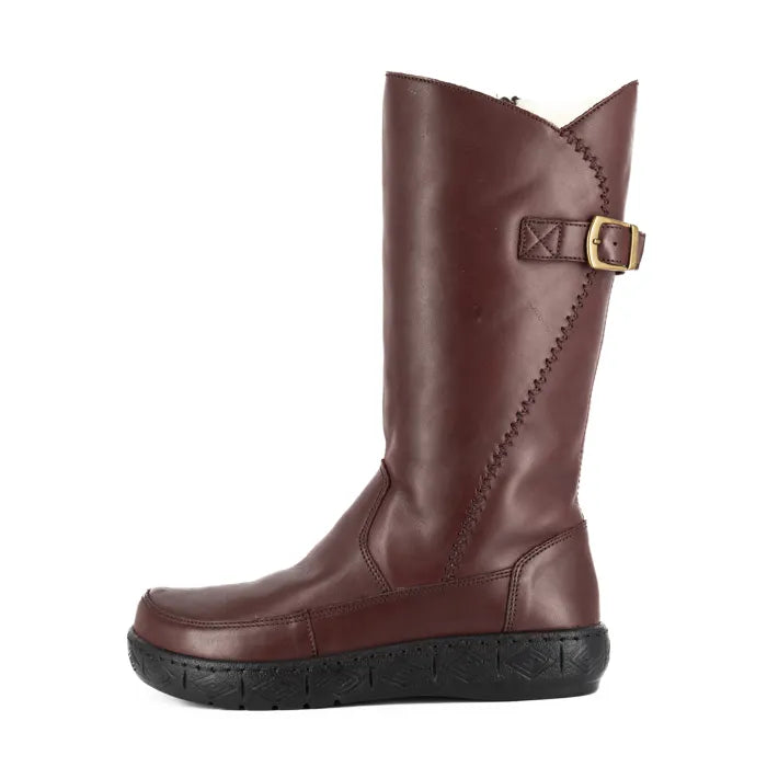 Raisin coloured leather boot with a buckle on a white background