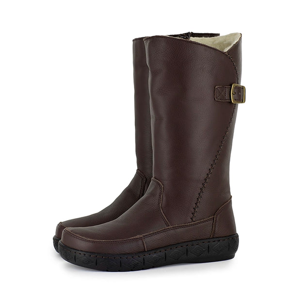 Brown leather boot with a buckle on a white background