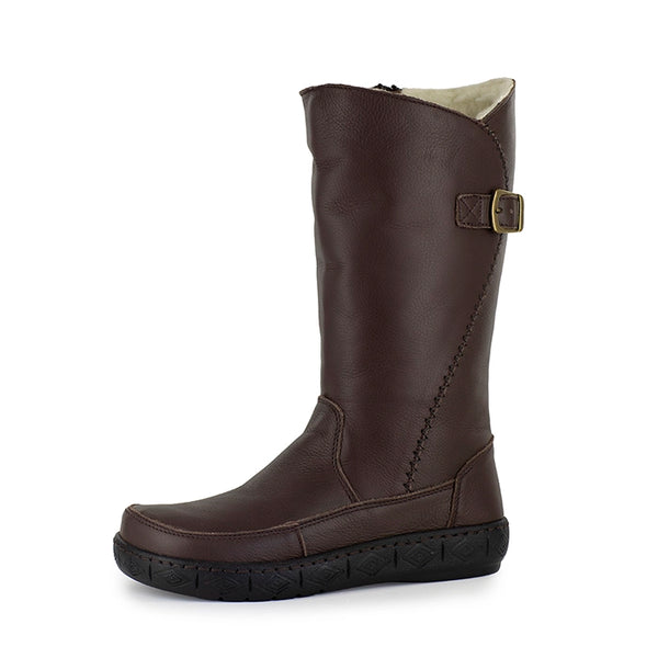 Brown leather boot with a buckle on a white background