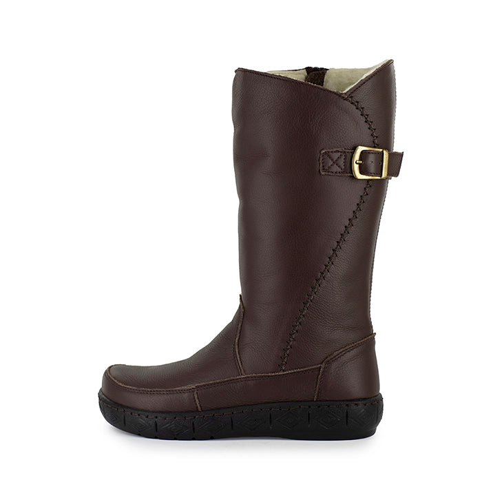 Brown leather boot with a buckle on a white background