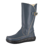 Blue boot with a buckle on a white background