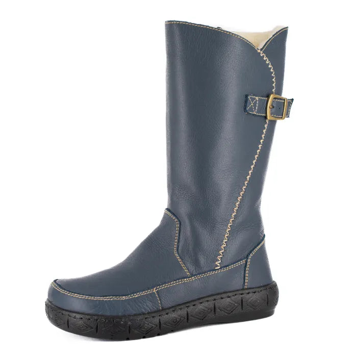 Blue boot with a buckle on a white background