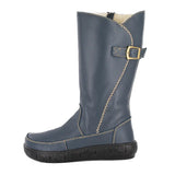 Blue boot with a gold buckle on a white background