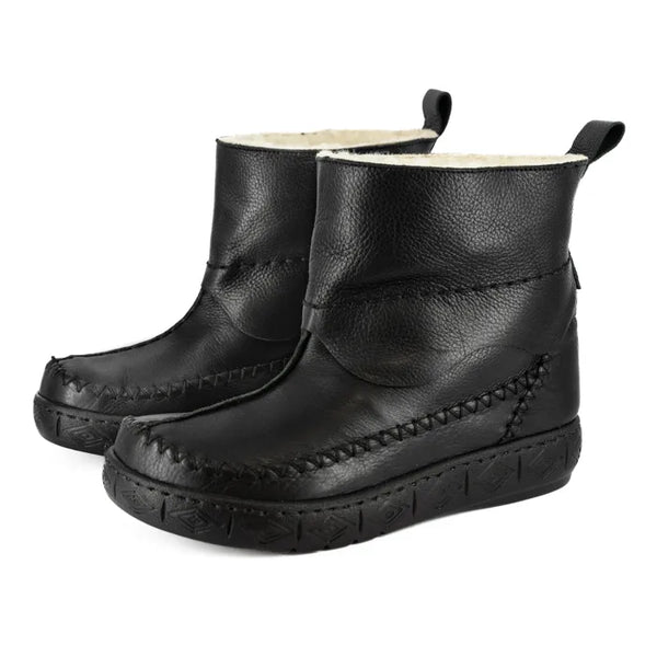 Pair of black leather boots with wool lining on a white background
