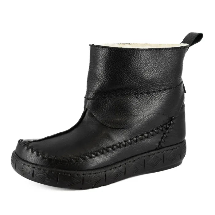 Black leather boot with wool lining on a white background