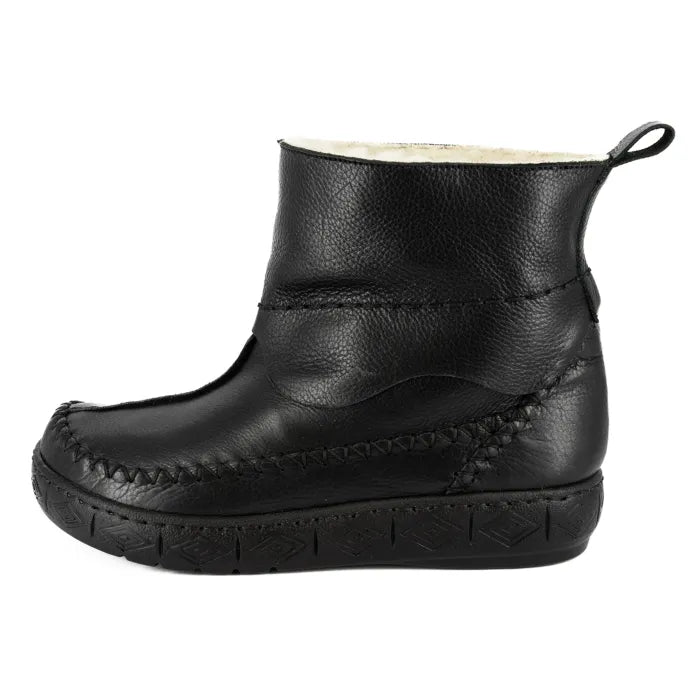 Black leather boot with a wool interior on a white background